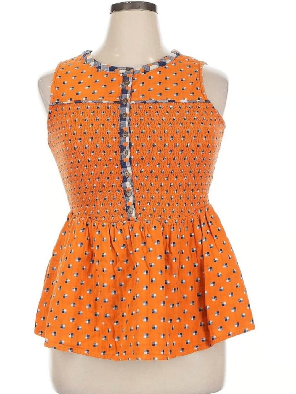 ModCloth Plus Size 1X Peplum Top Orange Blue Geometric Floral Sleeveless EUC